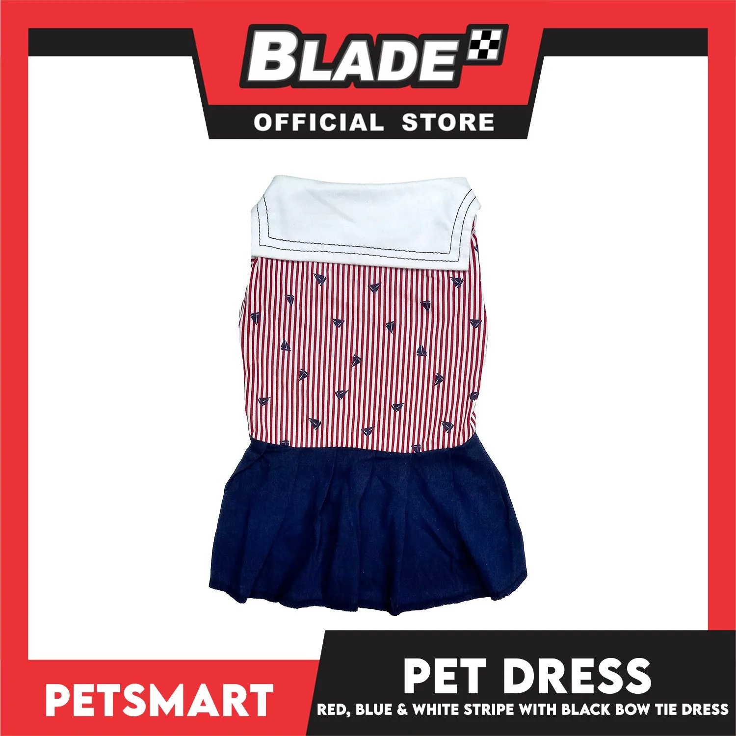 Pet Dress Red, Blue and White Stripe with Black Bow Tie Design DG-CTN184M (Medium)