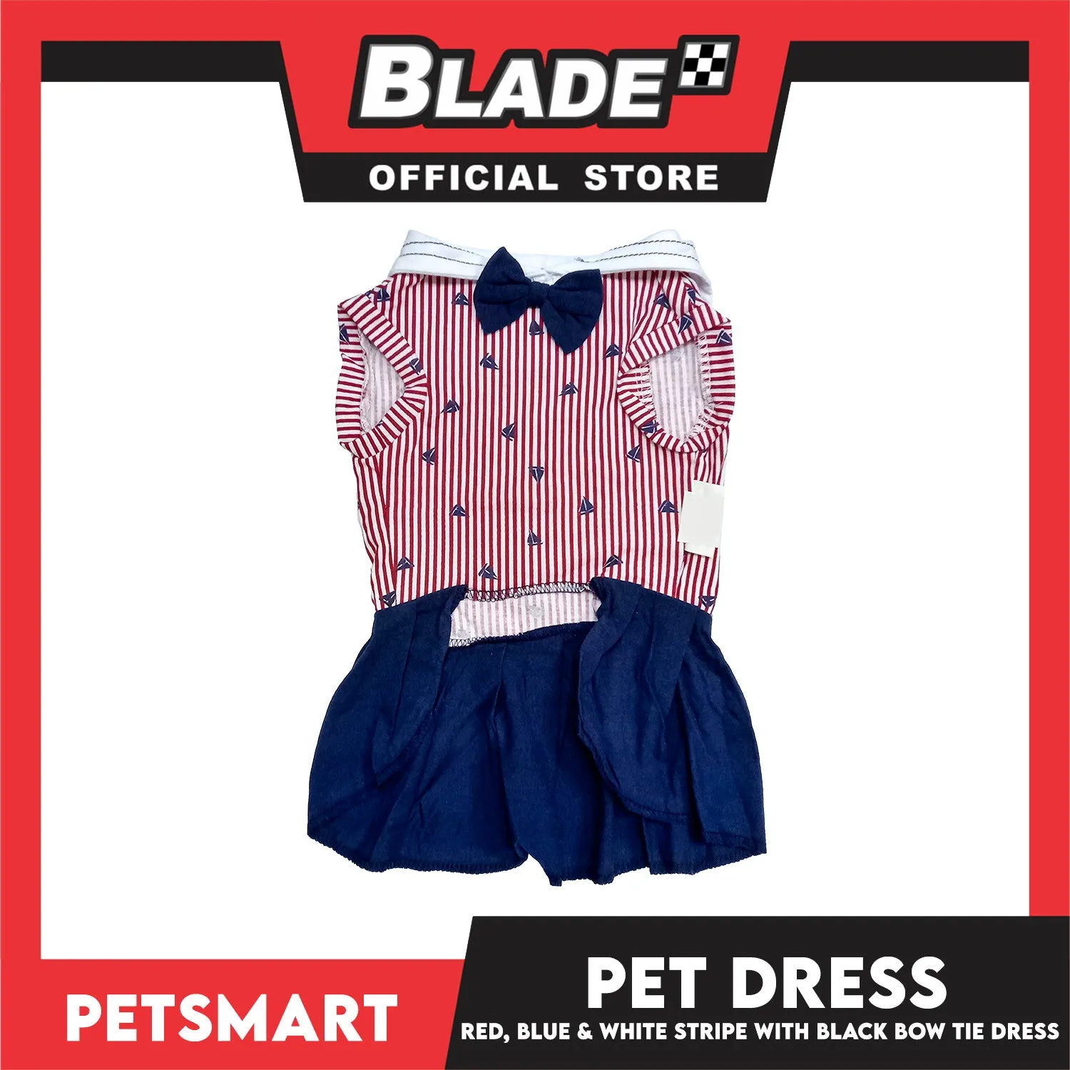 Pet Dress Red, Blue and White Stripe with Black Bow Tie Design DG-CTN184M (Medium)