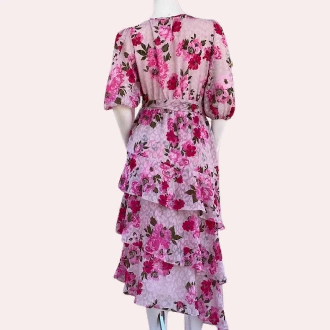 Pink floral asymmetrical ruffle midi dress