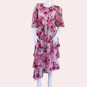 Pink floral asymmetrical ruffle midi dress