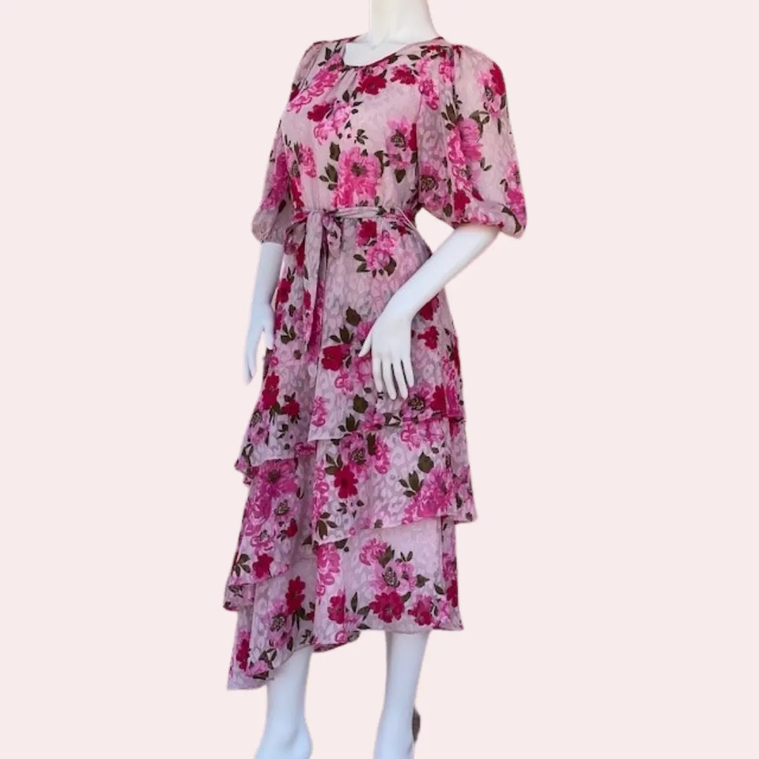Pink floral asymmetrical ruffle midi dress