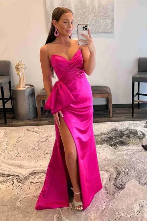 Pink Satin Sheath Strapless Floor Length Prom Dresses With Bowknot, MP930