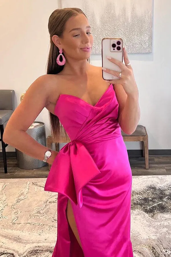 Pink Satin Sheath Strapless Floor Length Prom Dresses With Bowknot, MP930