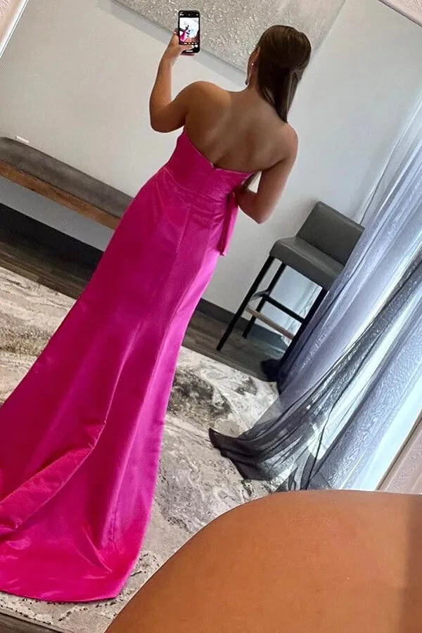 Pink Satin Sheath Strapless Floor Length Prom Dresses With Bowknot, MP930
