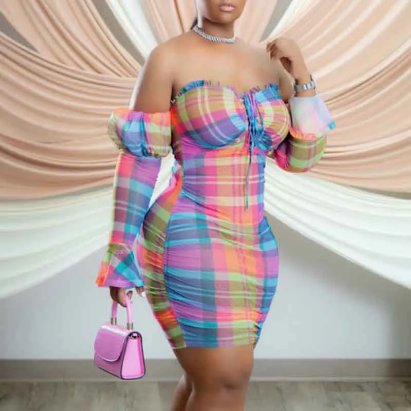 Plaid Pattern Off Shoulder Flared Sleeve  Mini Dress
