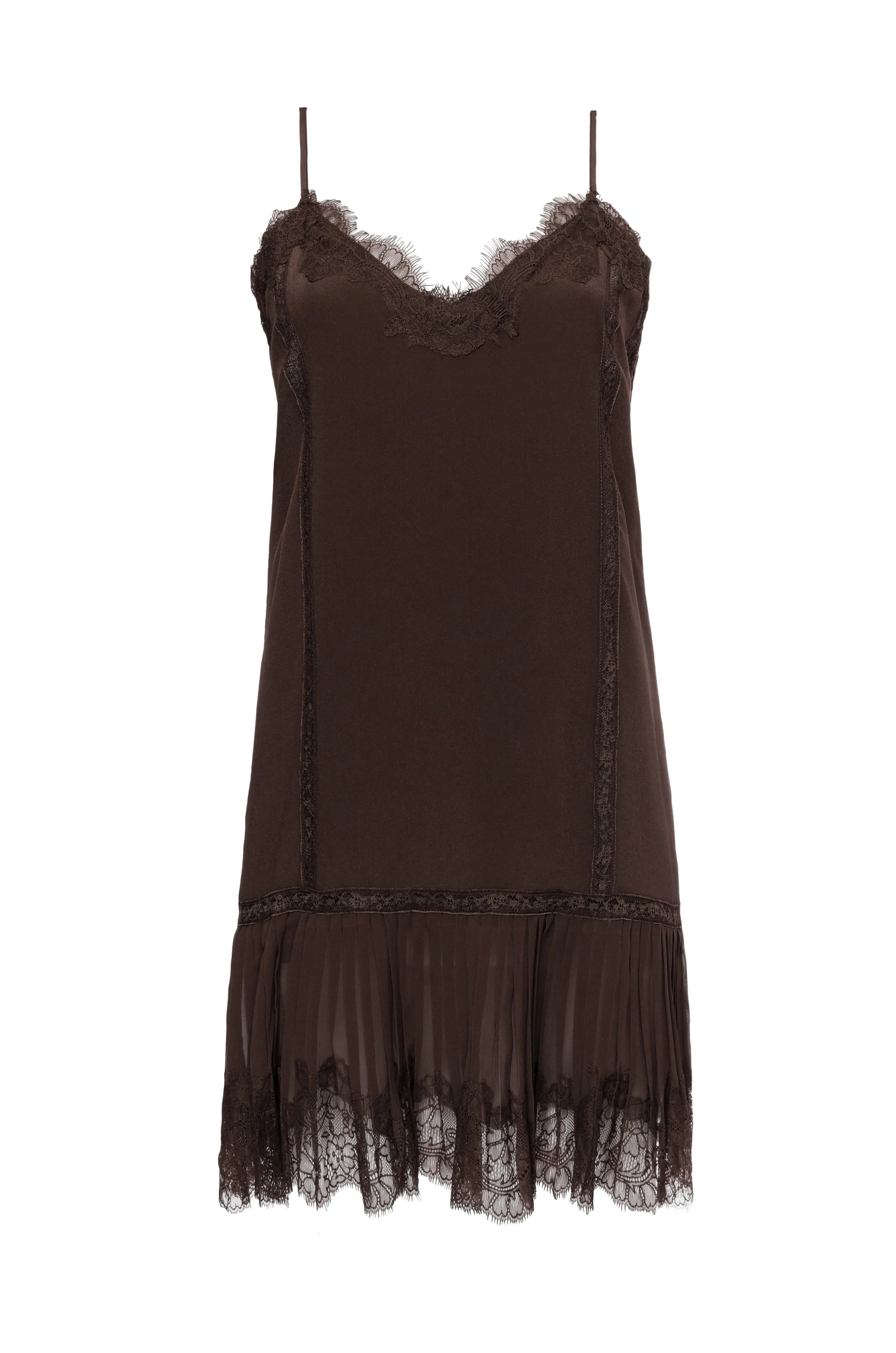 Pleated Lace Silk Dress Dark Chocolate