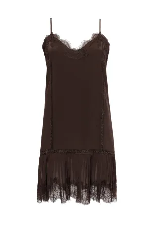 Pleated Lace Silk Dress Dark Chocolate