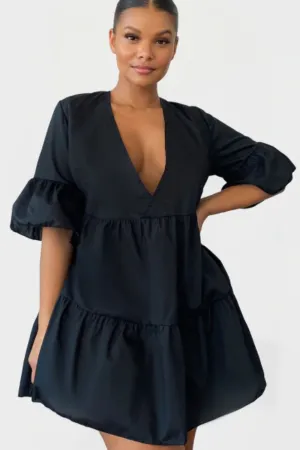 Plunge Neck Mini Flare Dress In Black