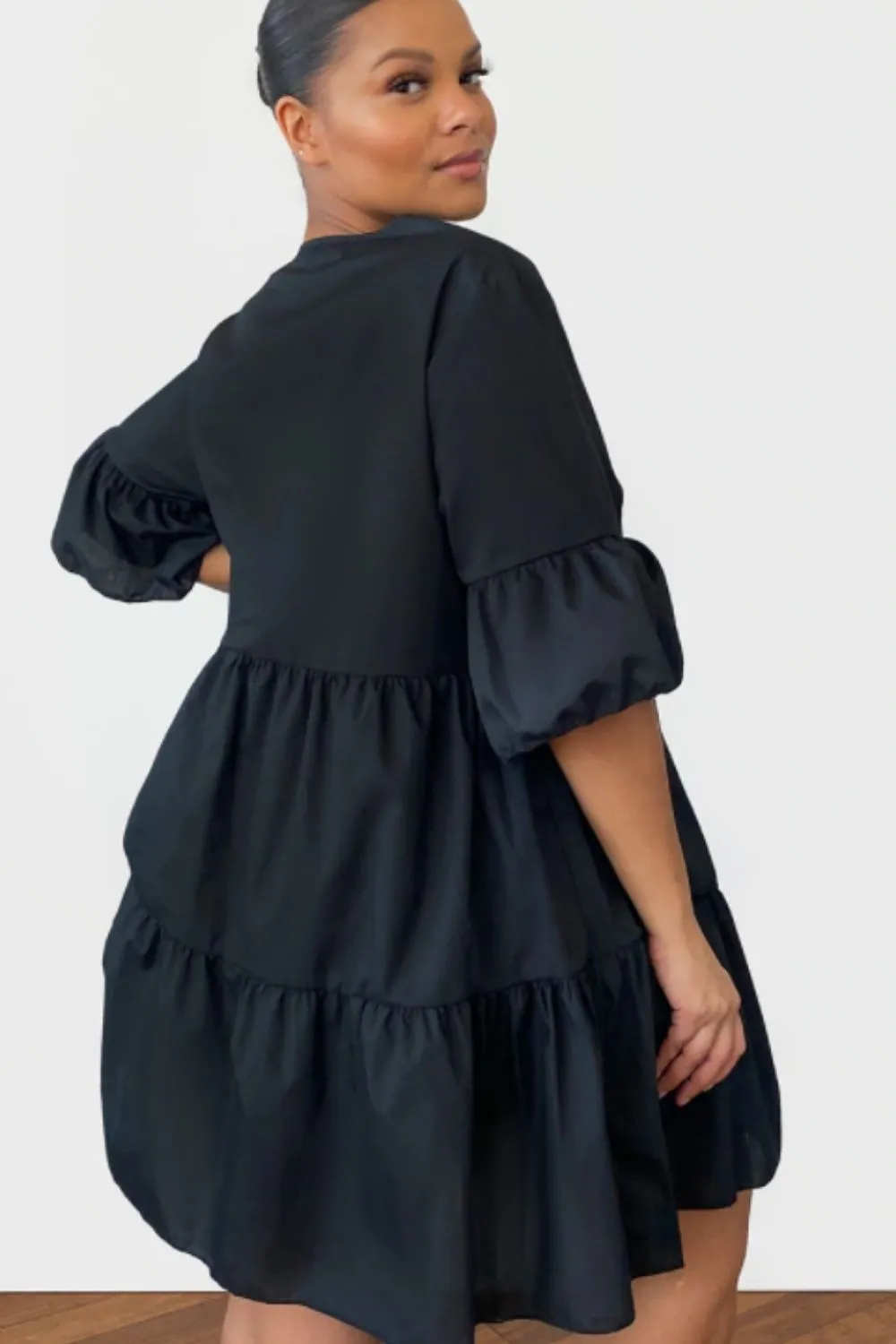Plunge Neck Mini Flare Dress In Black