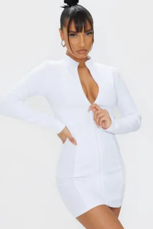 Plunging Neck White Full Sleeved Dress