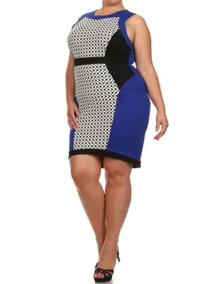 Plus Size Checkered Pastel Colorblock Navy Blue Dress