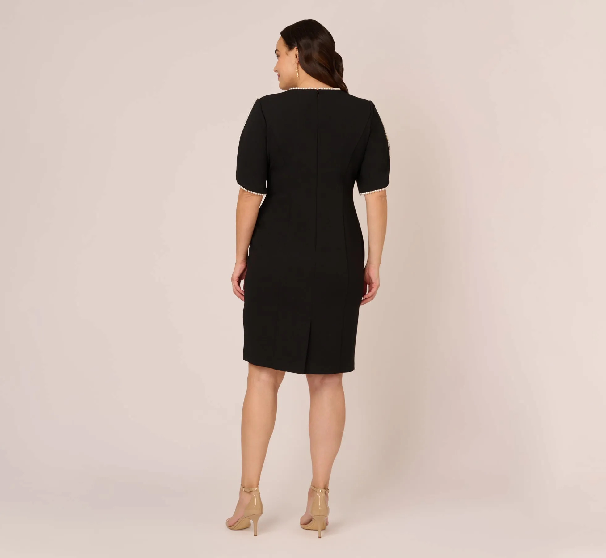 Plus Size Crepe Midi Length Sheath Dress With Pearl Trimmed Sleeves In Black