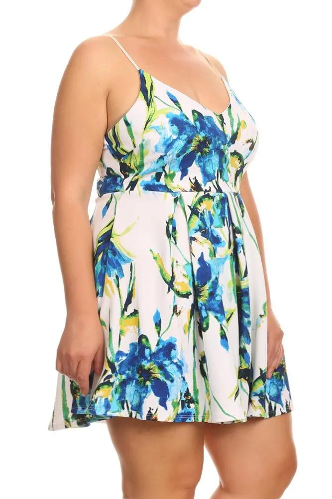 Plus Size Floral Flare Spaghetti Strap Dress