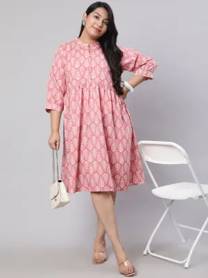 Plus Size Pink Ethnic Printed Flared Dress
