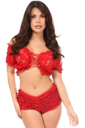 Plus Size Red Sheer Lace-Up Peasant Top