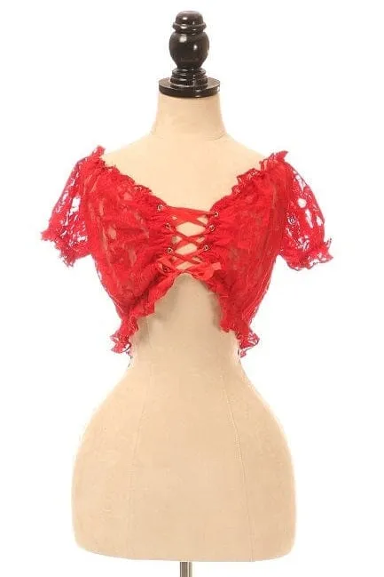 Plus Size Red Sheer Lace-Up Peasant Top