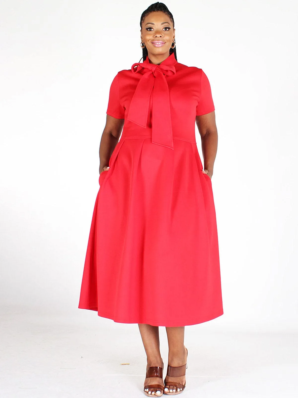 PLUS SIZE SHORT SLEEVE POCKETS NECK TIE FIT & FLARE MIDI DRESS