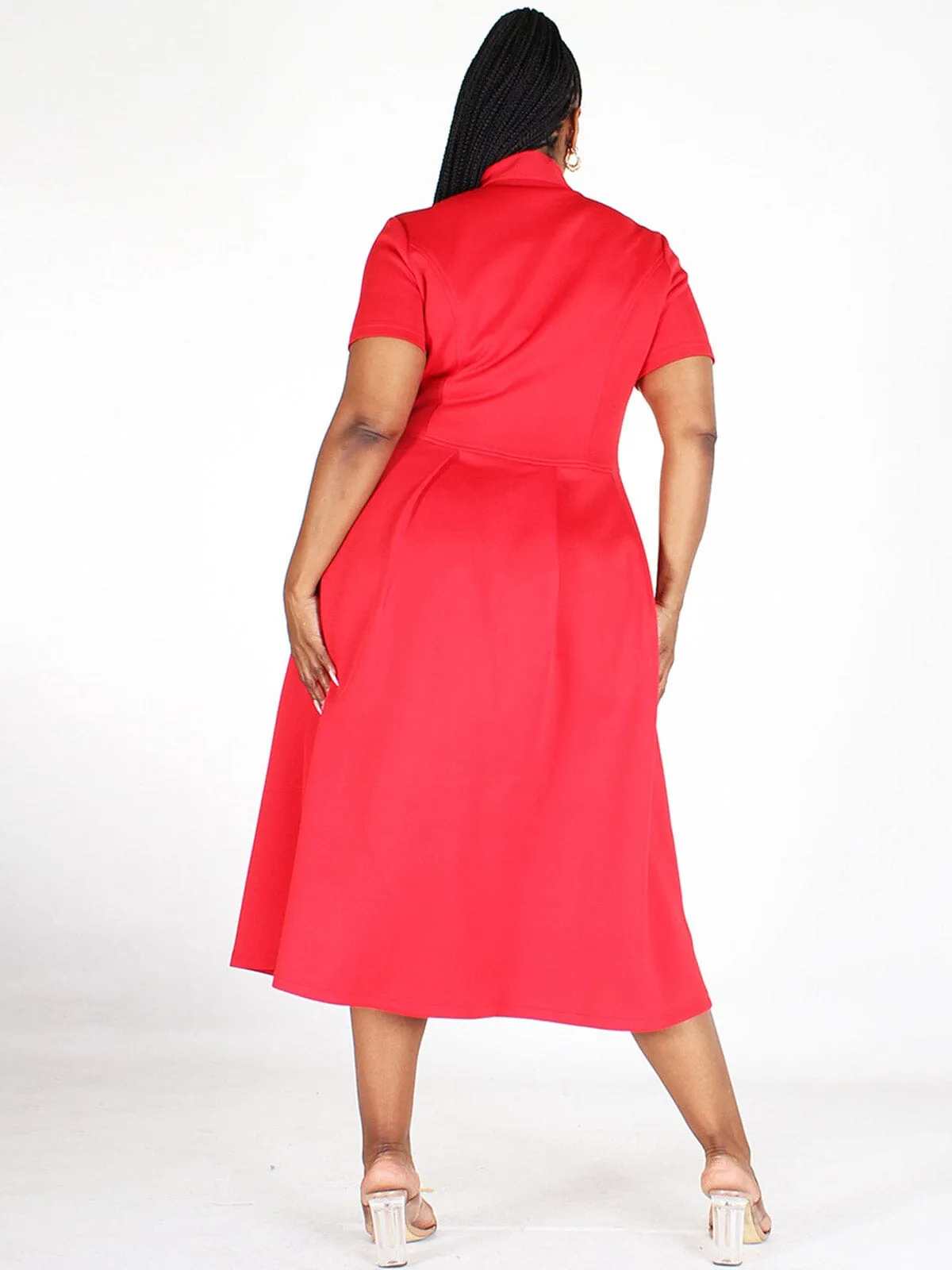 PLUS SIZE SHORT SLEEVE POCKETS NECK TIE FIT & FLARE MIDI DRESS