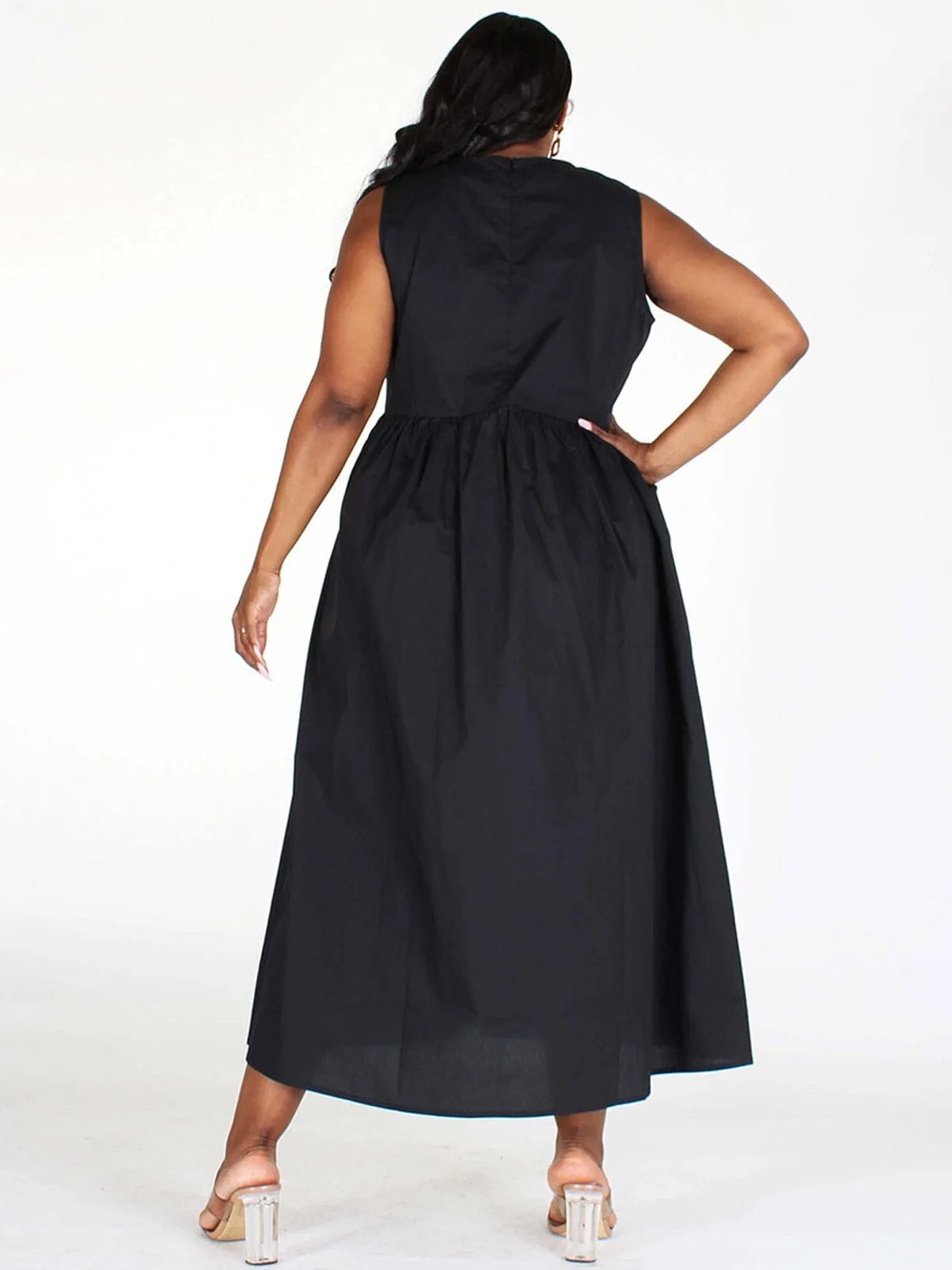 PLUS SIZE SLEEVELESS POCKETS  FIT & FLARE MAXI DRESS