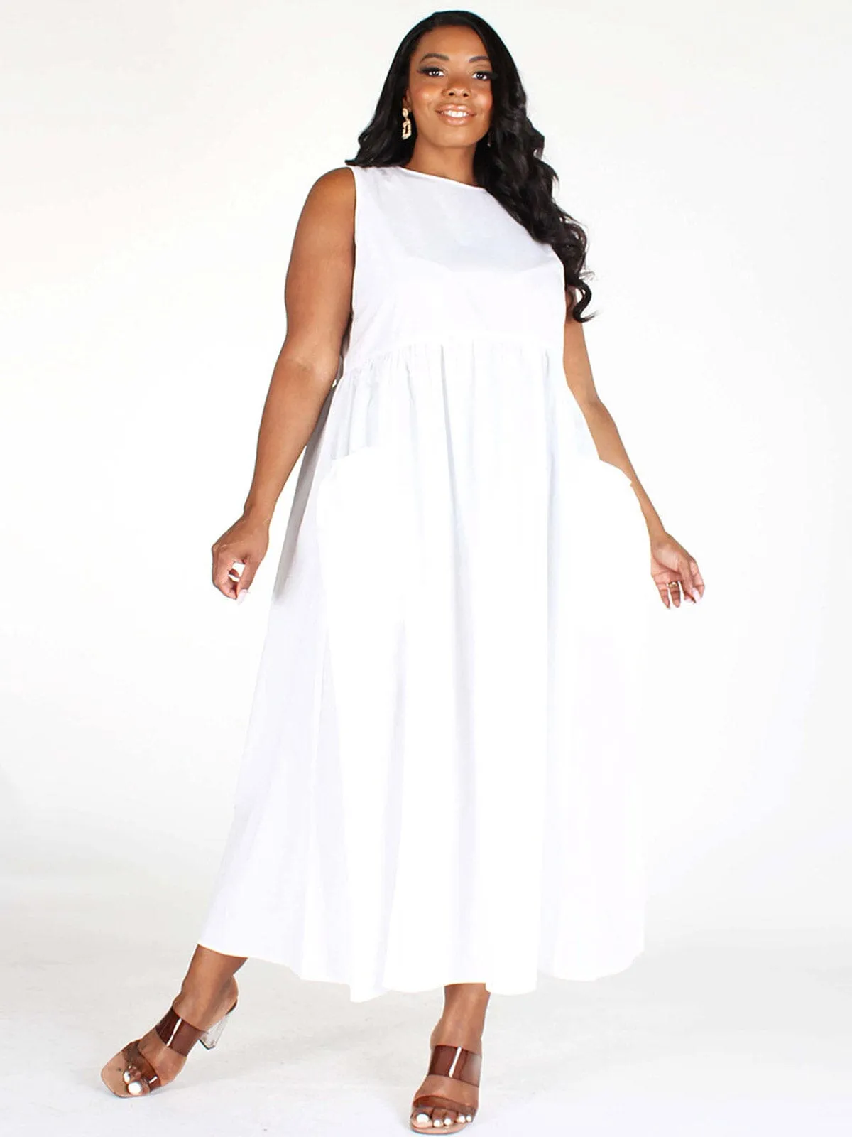 PLUS SIZE SLEEVELESS POCKETS  FIT & FLARE MAXI DRESS