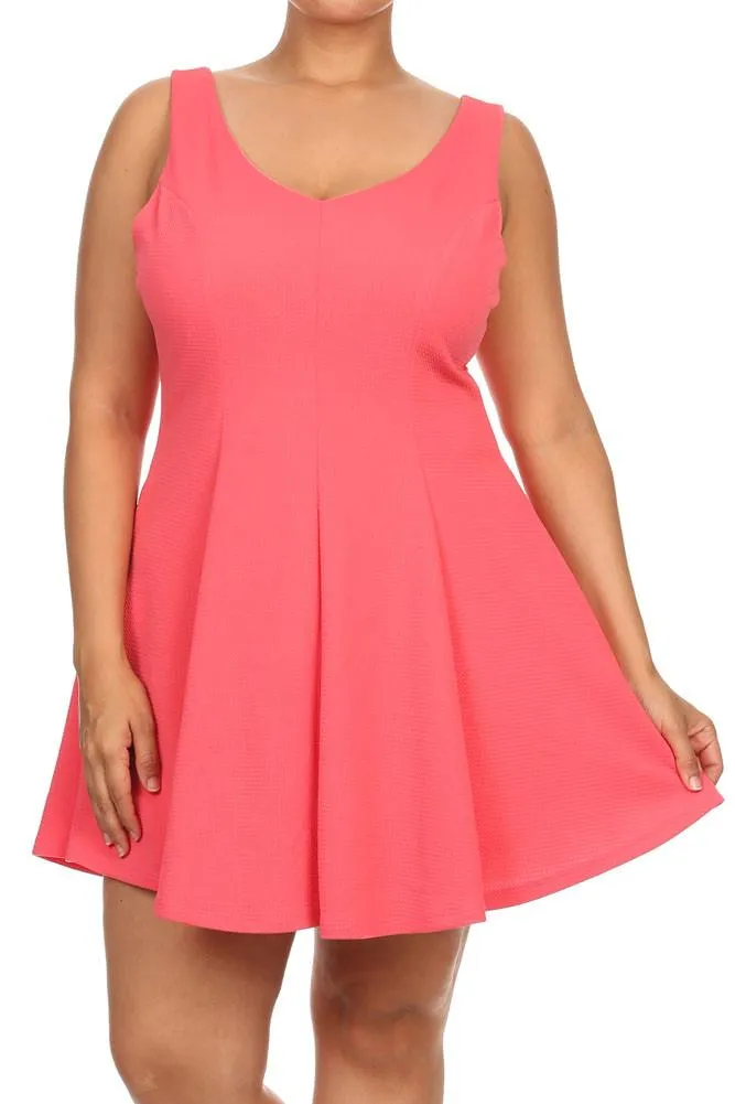 Plus Size V Neck Princess Pink Skater Dress