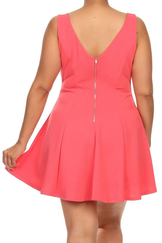 Plus Size V Neck Princess Pink Skater Dress