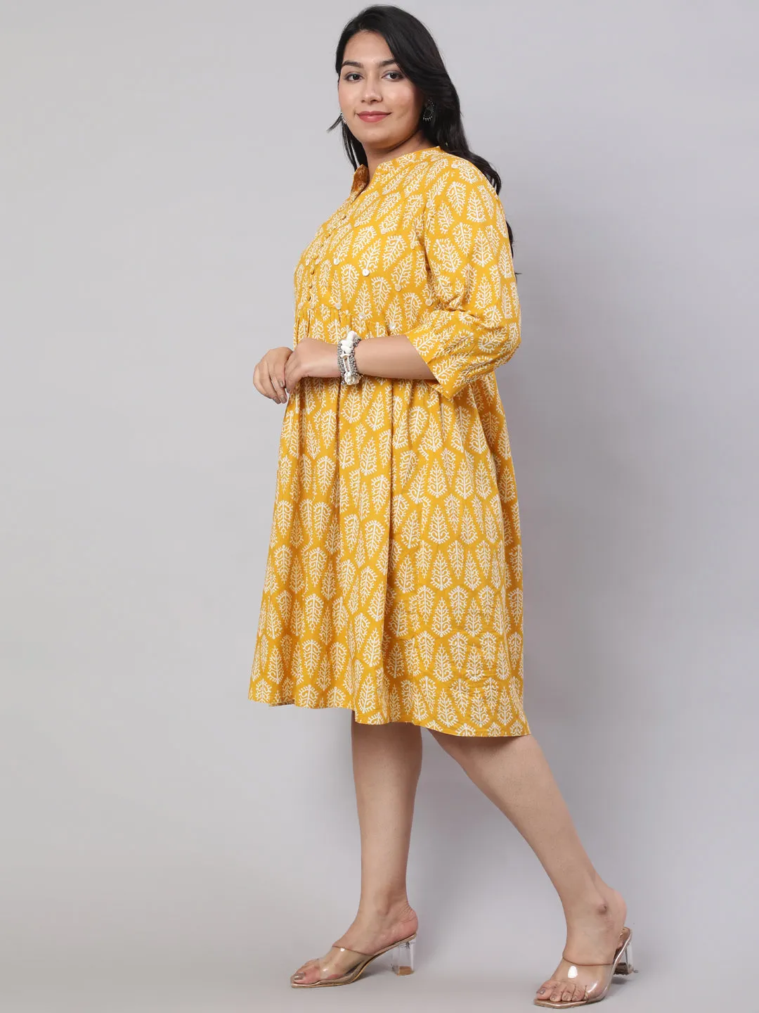 Plus Size Yellow Ethnic Printed Flared Dress