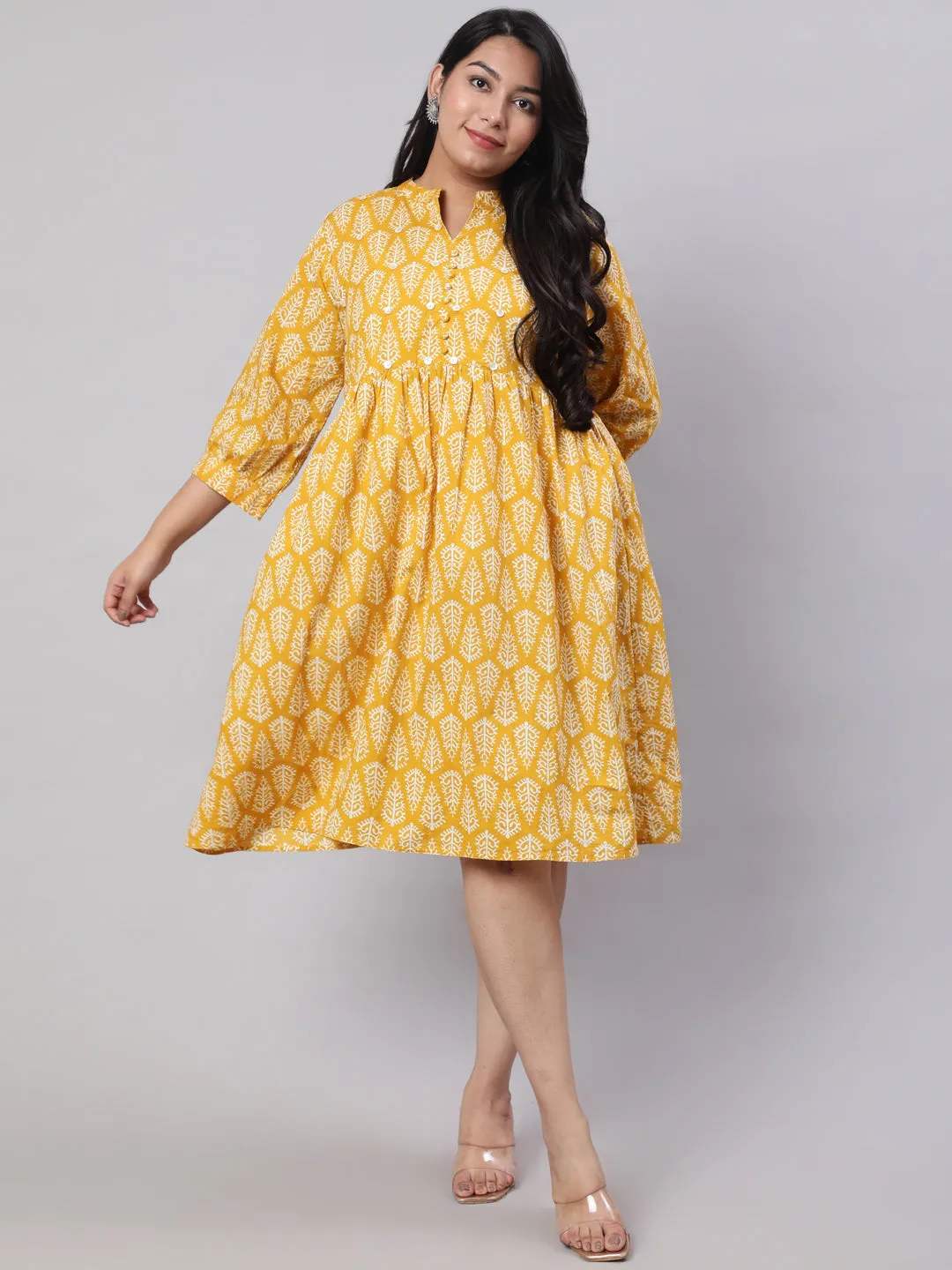 Plus Size Yellow Ethnic Printed Flared Dress