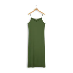 Point Satin Slip Dress in Pesto