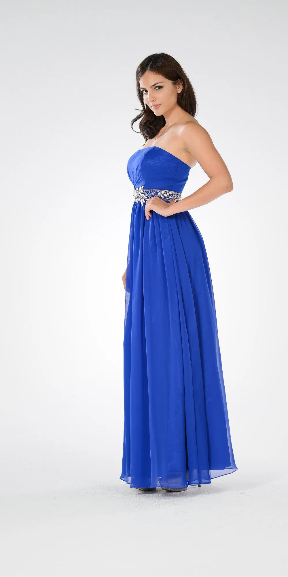 Poly USA 7698 Strapless Embellished Waist A-line Dress
