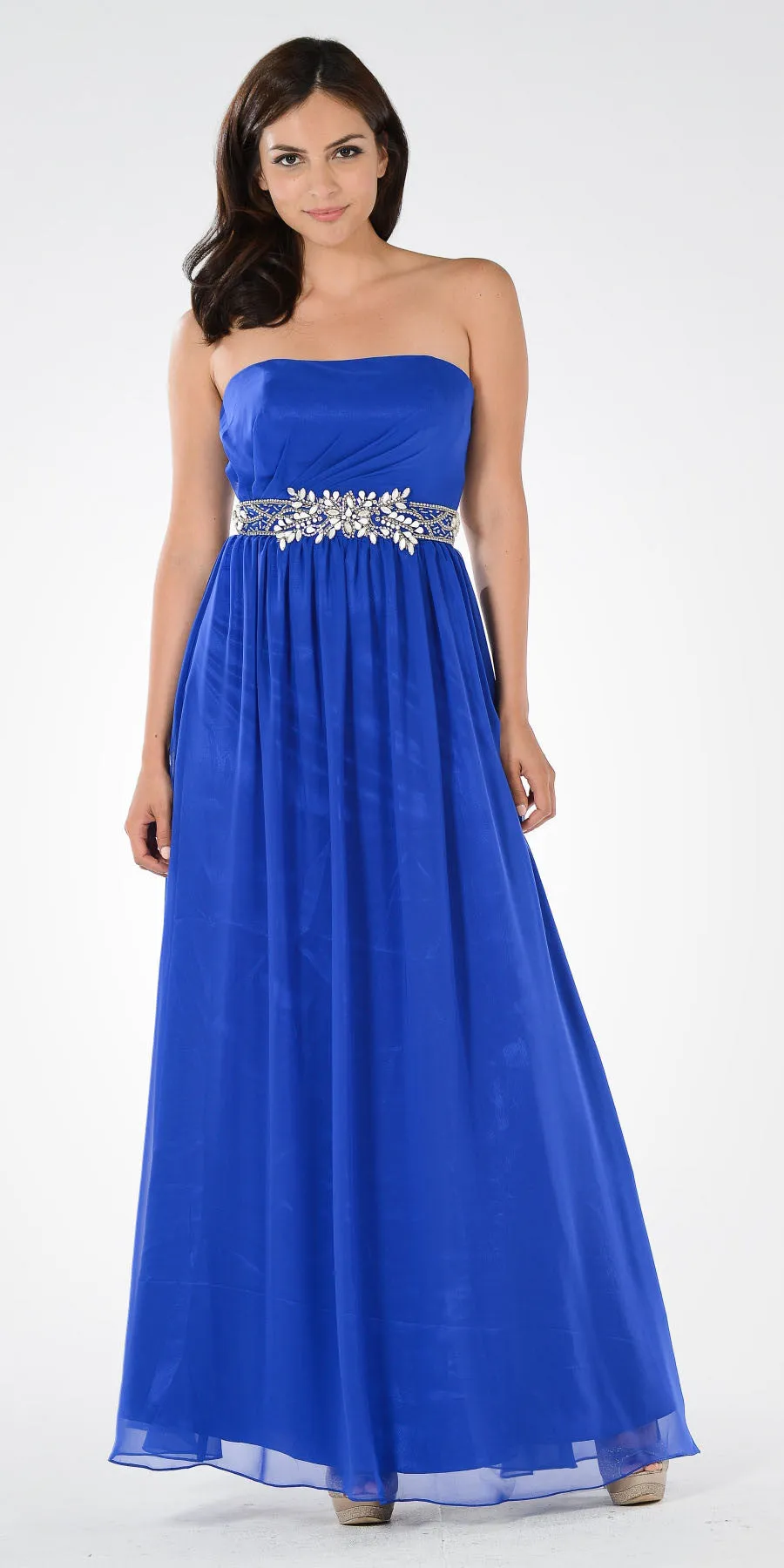 Poly USA 7698 Strapless Embellished Waist A-line Dress