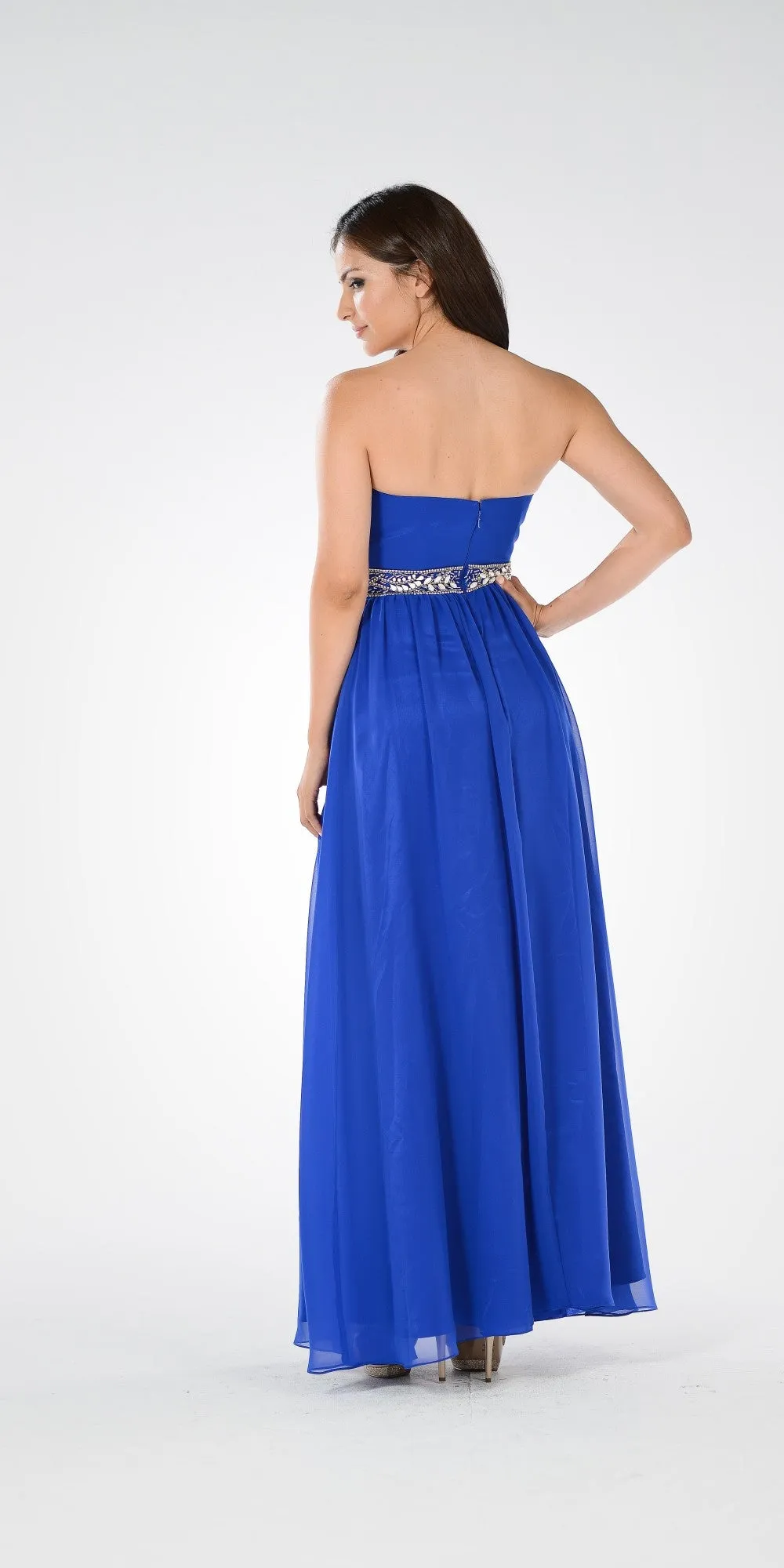 Poly USA 7698 Strapless Embellished Waist A-line Dress