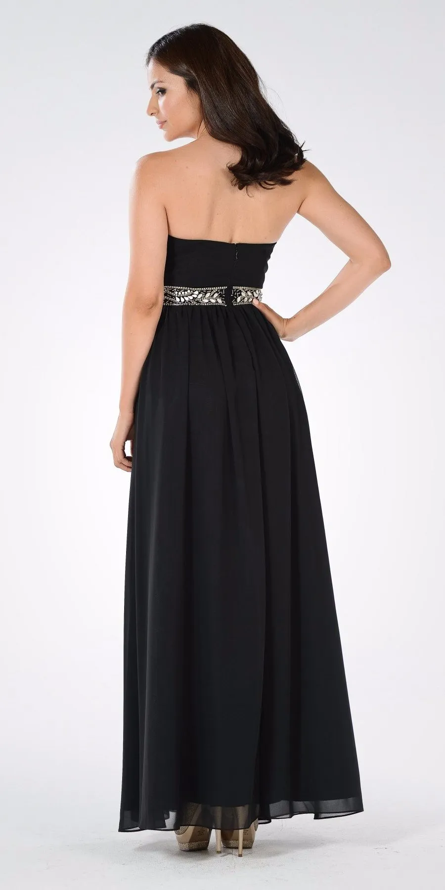 Poly USA 7698 Strapless Embellished Waist A-line Dress