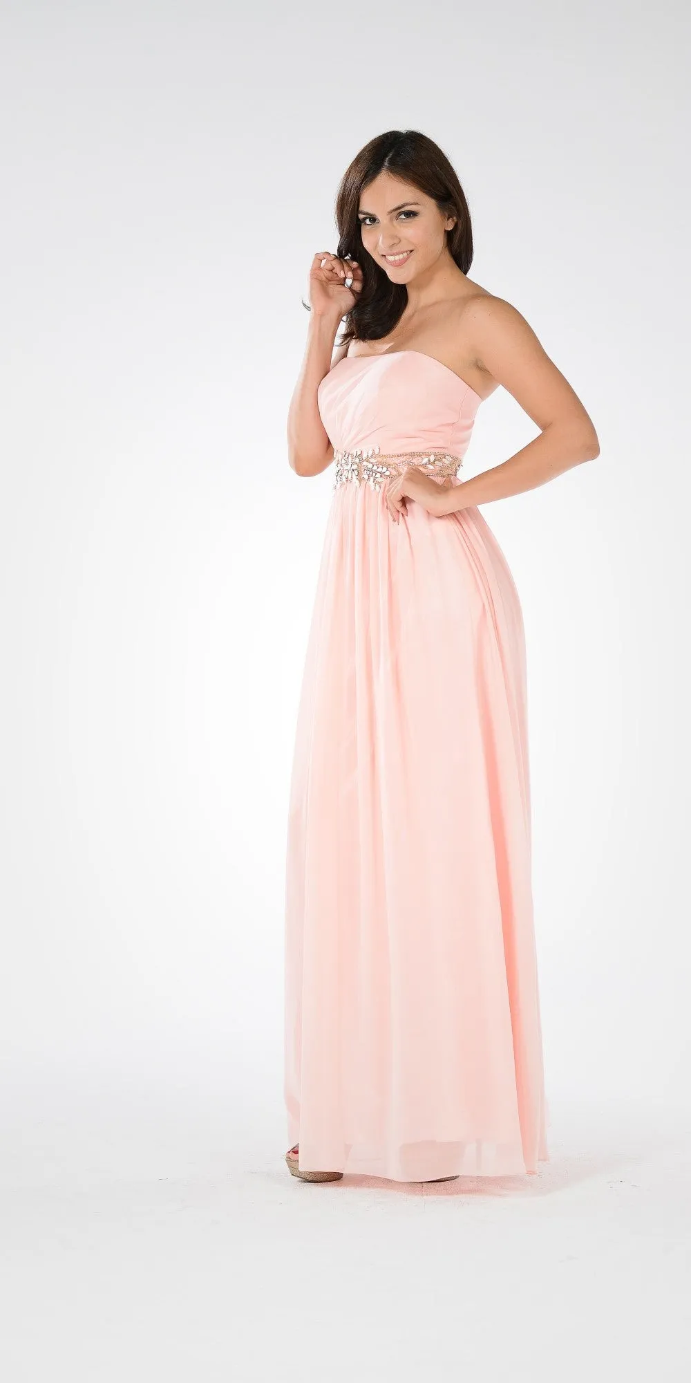 Poly USA 7698 Strapless Embellished Waist A-line Dress