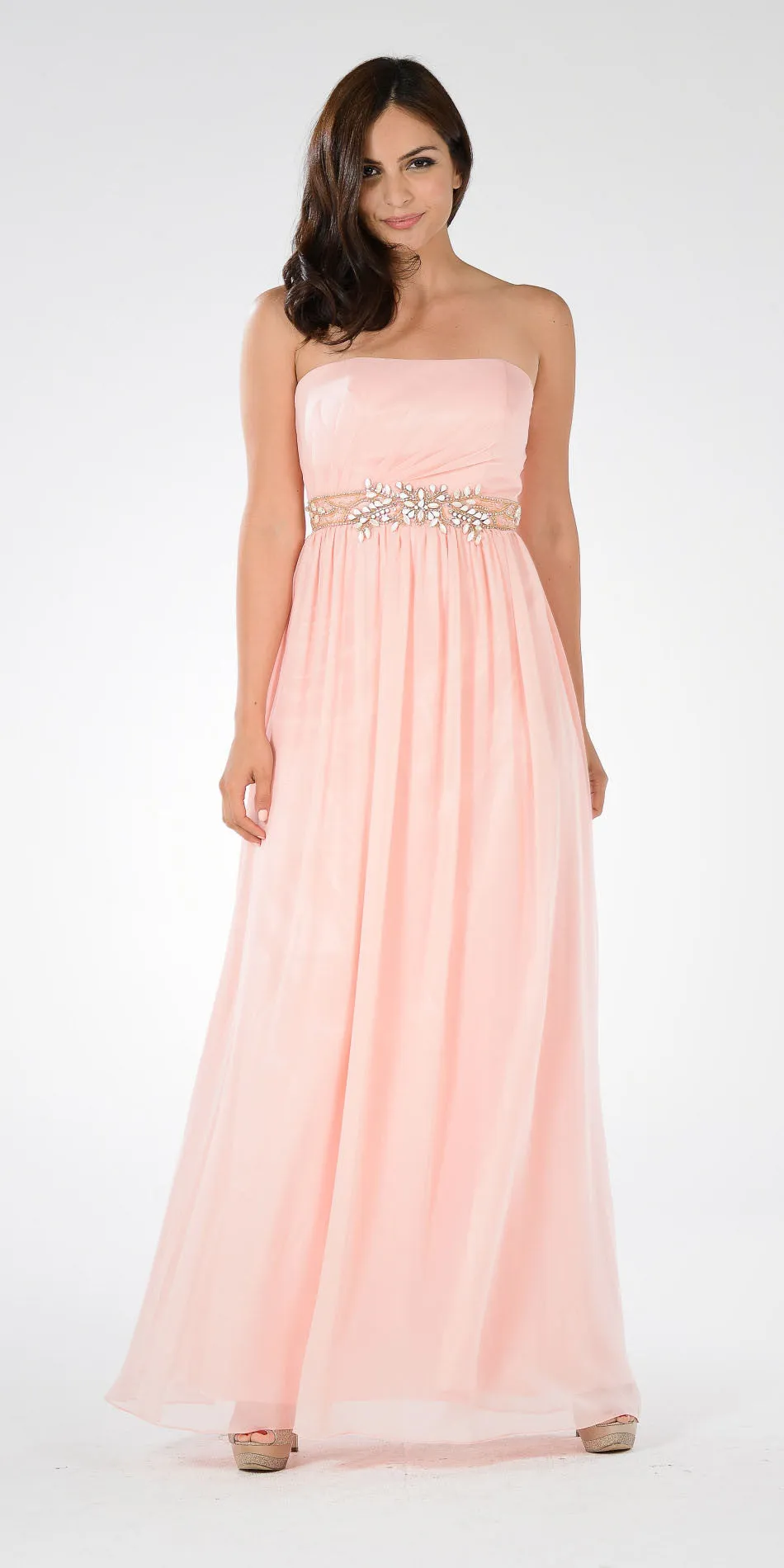 Poly USA 7698 Strapless Embellished Waist A-line Dress