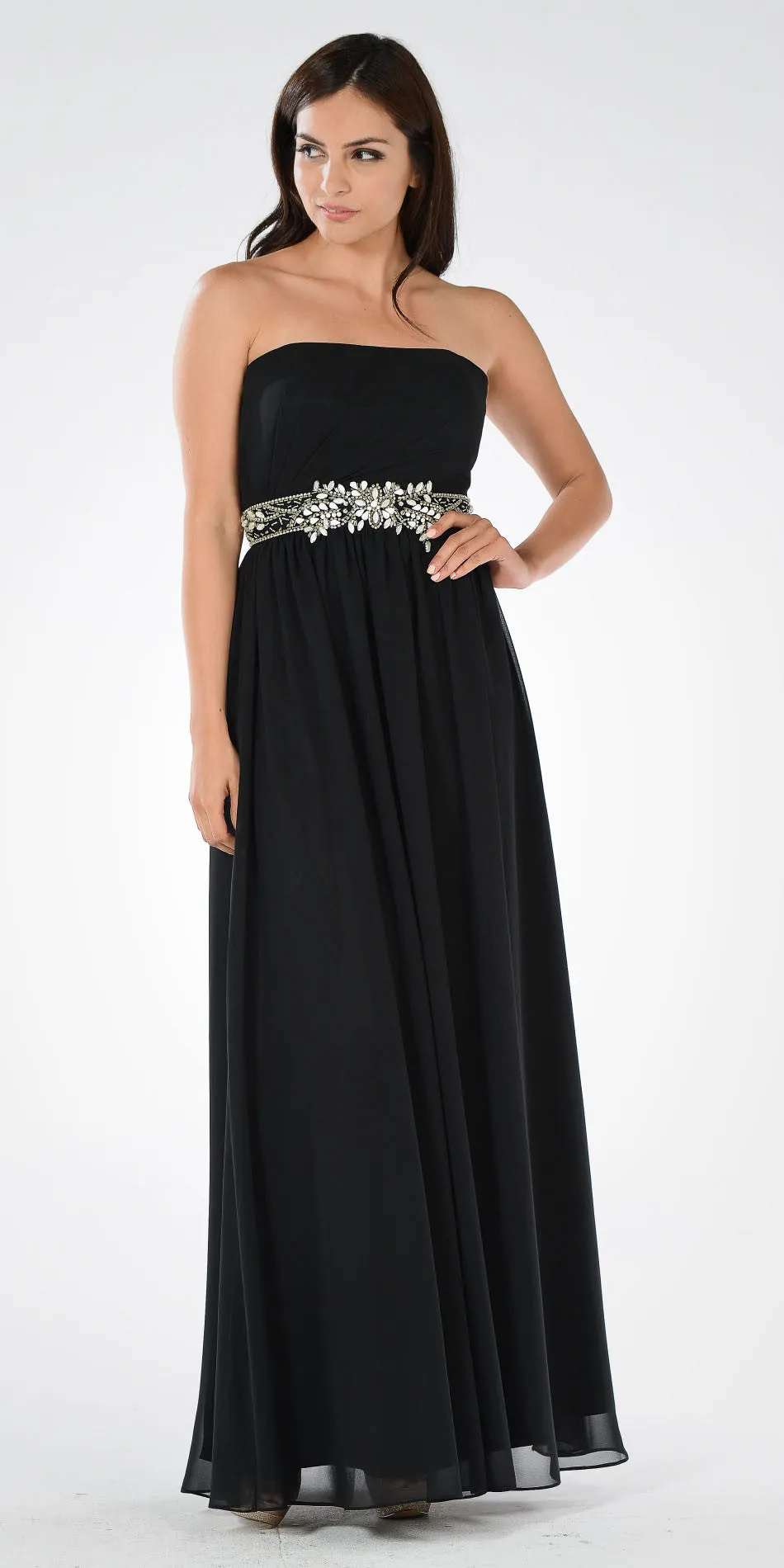 Poly USA 7698 Strapless Embellished Waist A-line Dress
