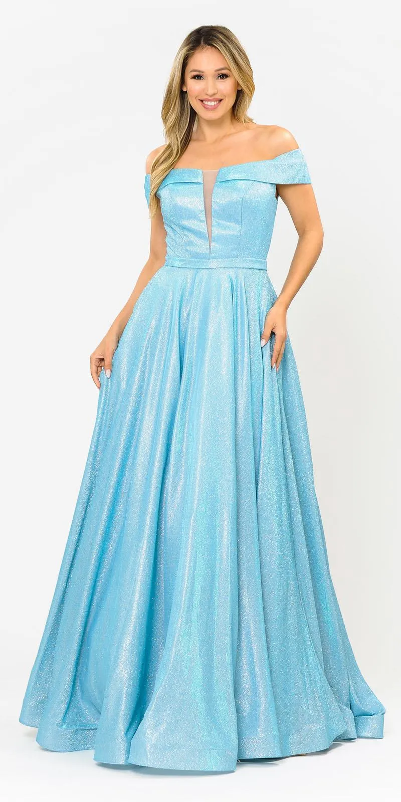 Poly USA 8464 Off-Shoulder Long Glitter Dress Sheer Cut-Out Bodice