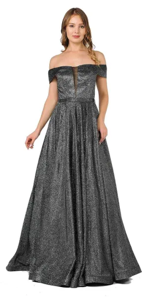 Poly USA 8464 Off-Shoulder Long Glitter Dress Sheer Cut-Out Bodice
