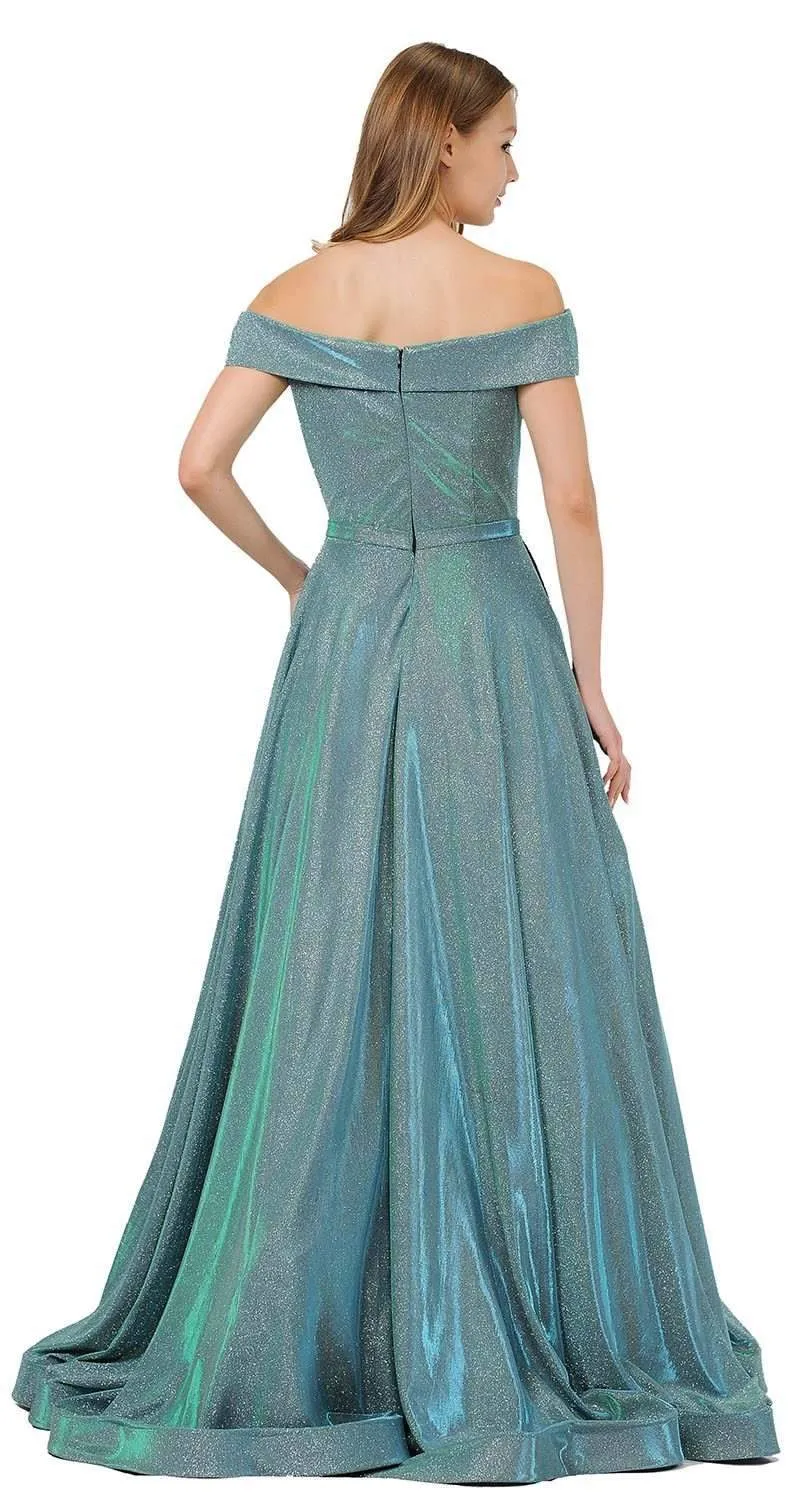 Poly USA 8464 Off-Shoulder Long Glitter Dress Sheer Cut-Out Bodice