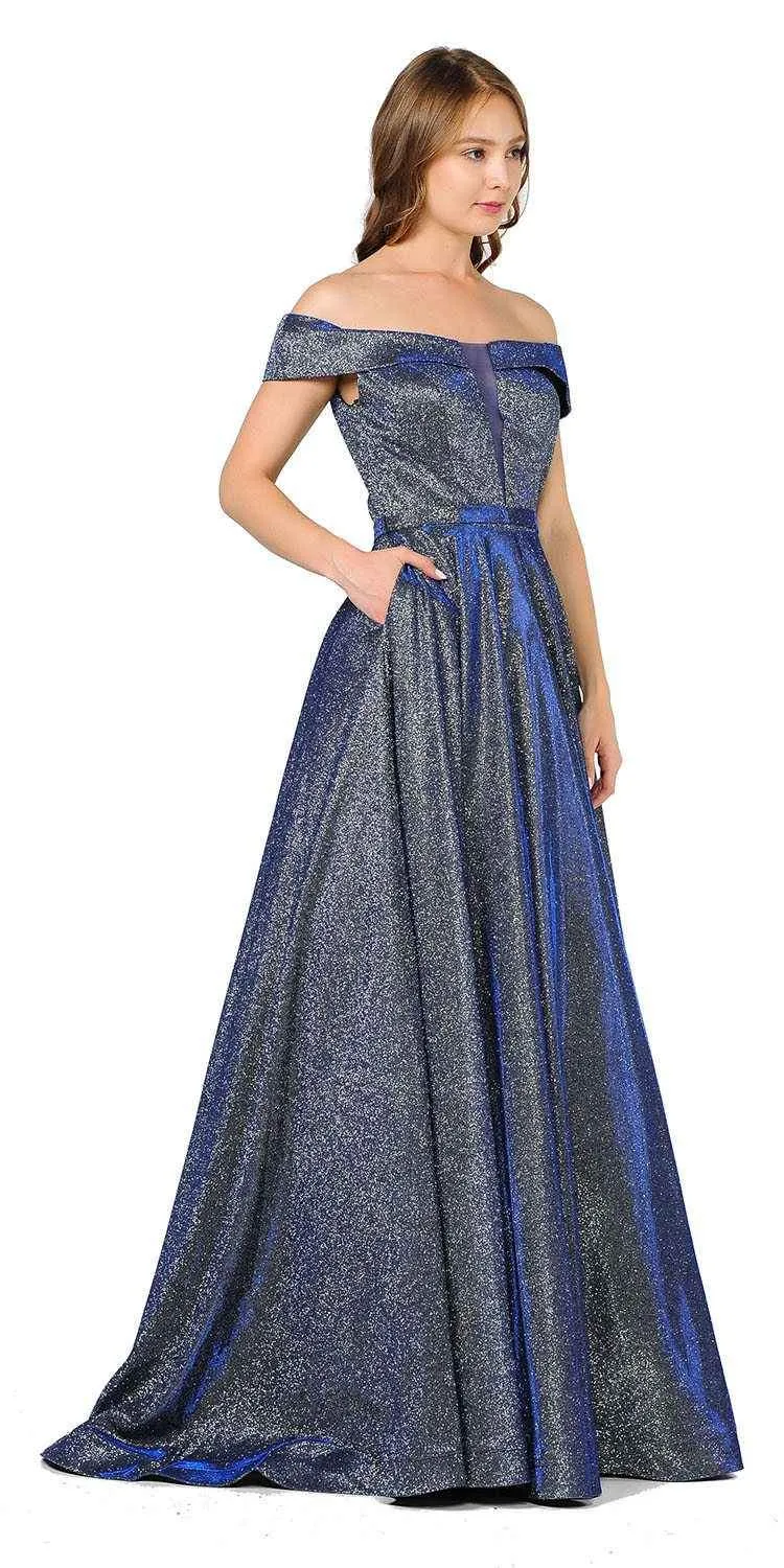 Poly USA 8464 Off-Shoulder Long Glitter Dress Sheer Cut-Out Bodice