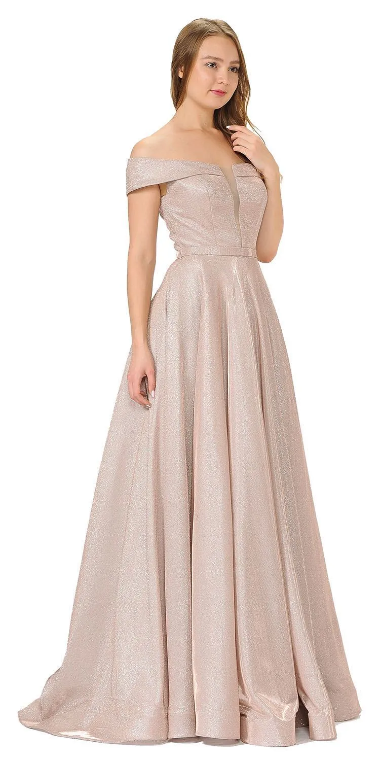 Poly USA 8464 Off-Shoulder Long Glitter Dress Sheer Cut-Out Bodice