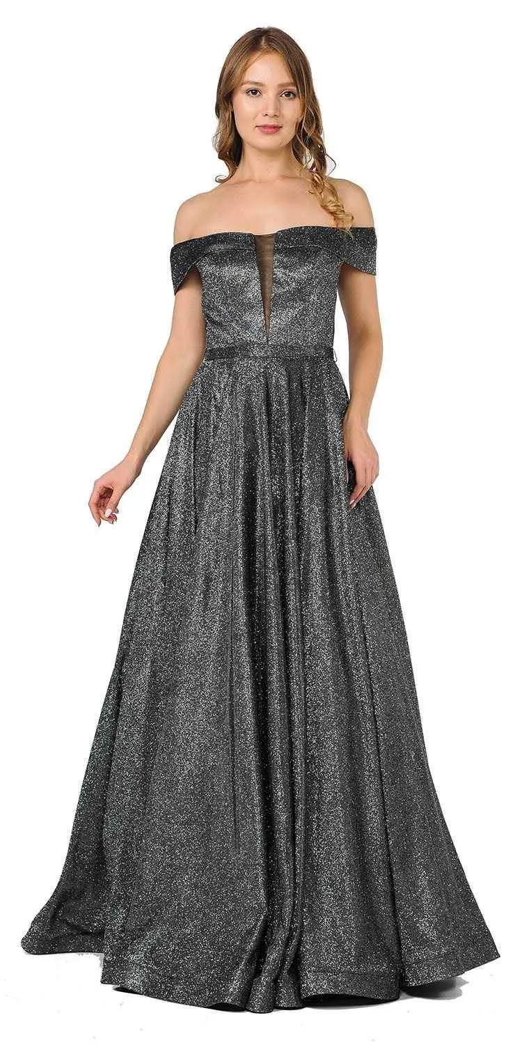 Poly USA 8464 Off-Shoulder Long Glitter Dress Sheer Cut-Out Bodice