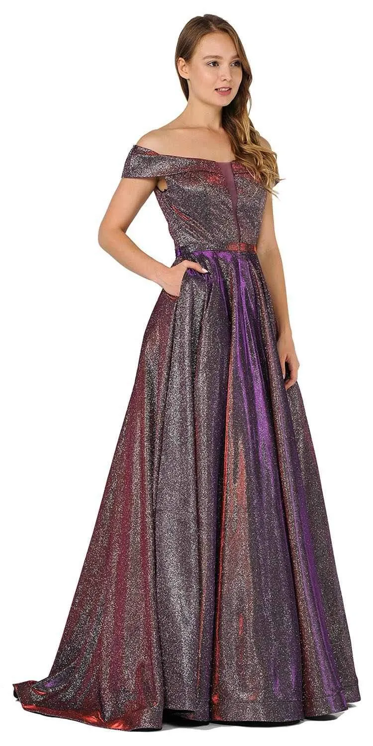 Poly USA 8464 Off-Shoulder Long Glitter Dress Sheer Cut-Out Bodice