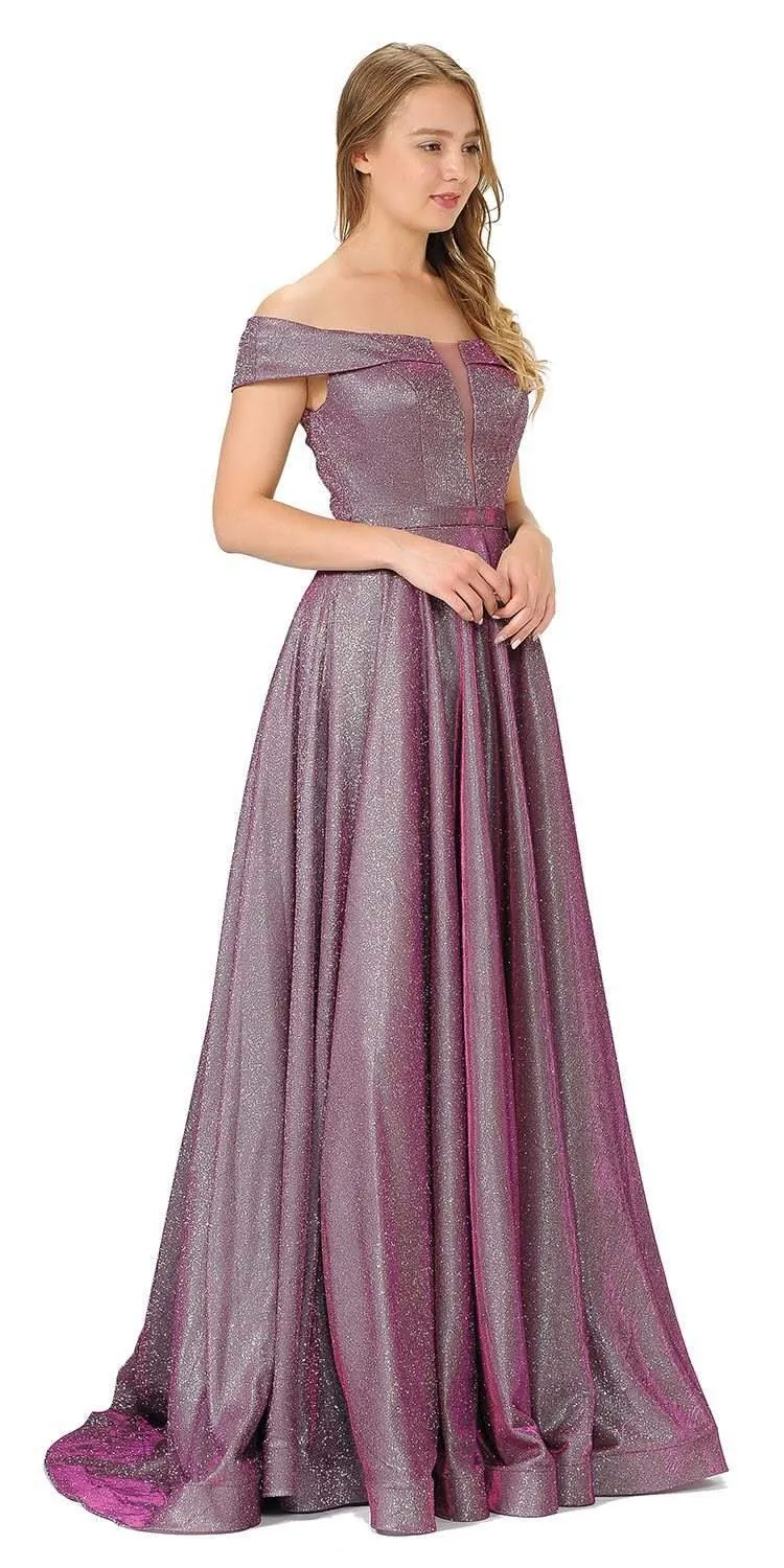 Poly USA 8464 Off-Shoulder Long Glitter Dress Sheer Cut-Out Bodice