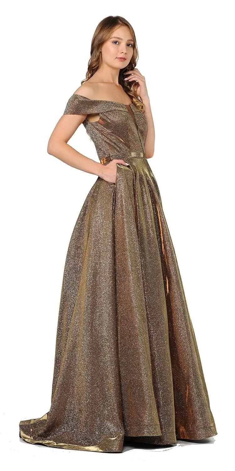 Poly USA 8464 Off-Shoulder Long Glitter Dress Sheer Cut-Out Bodice