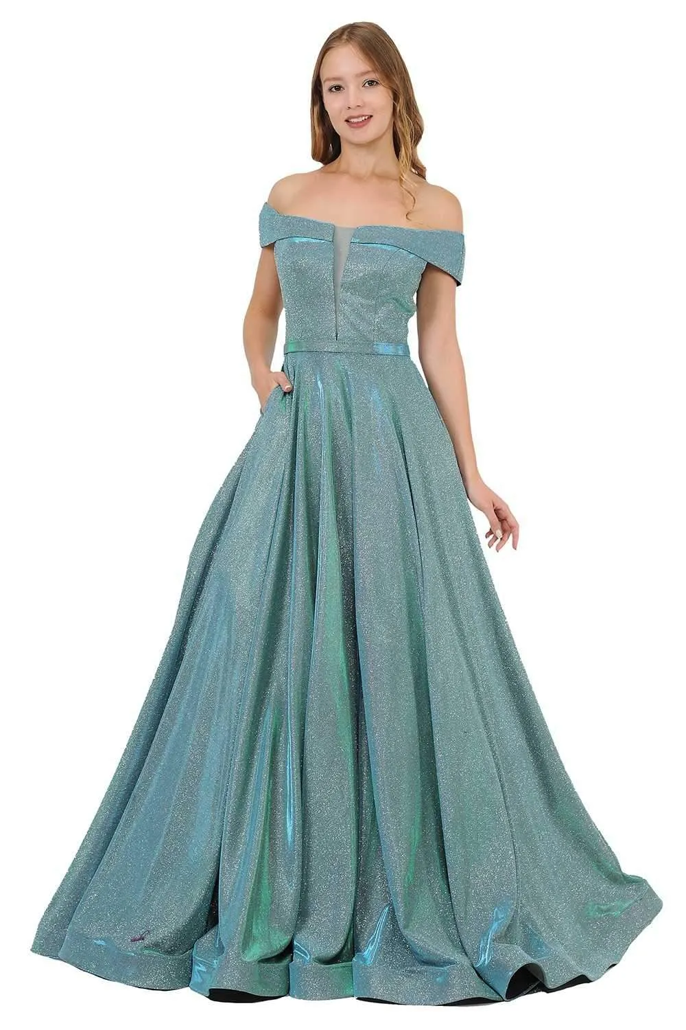 Poly USA 8464 Off-Shoulder Long Glitter Dress Sheer Cut-Out Bodice