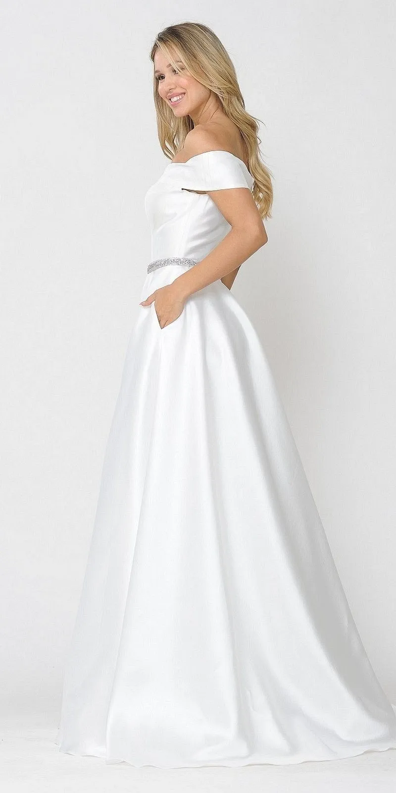 Poly USA 8680 Off-Shoulder A-Line Long Dress with Pockets