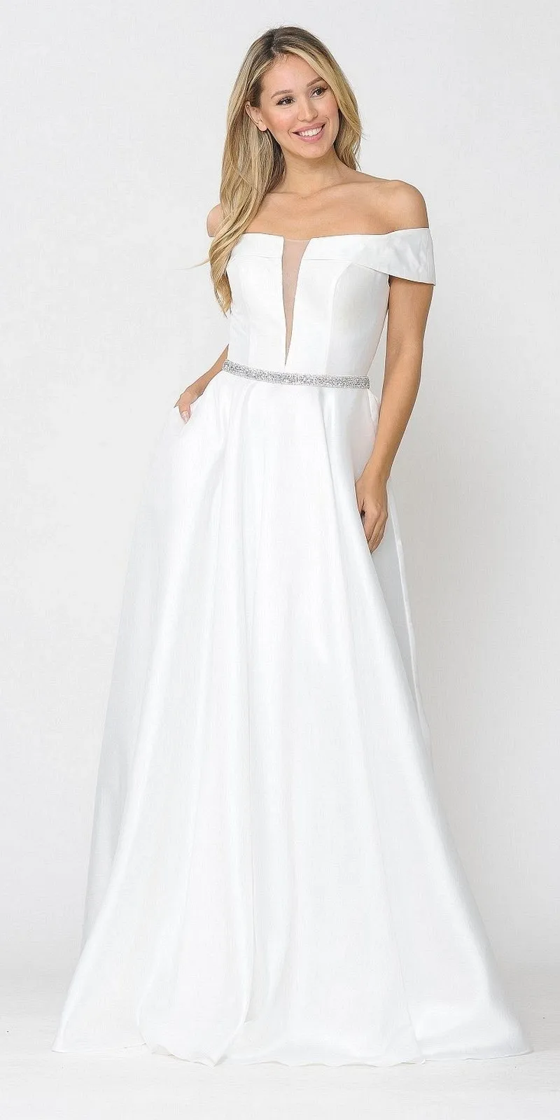 Poly USA 8680 Off-Shoulder A-Line Long Dress with Pockets