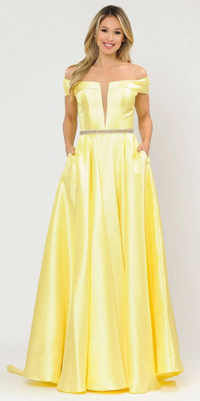 Poly USA 8680 Off-Shoulder A-Line Long Dress with Pockets