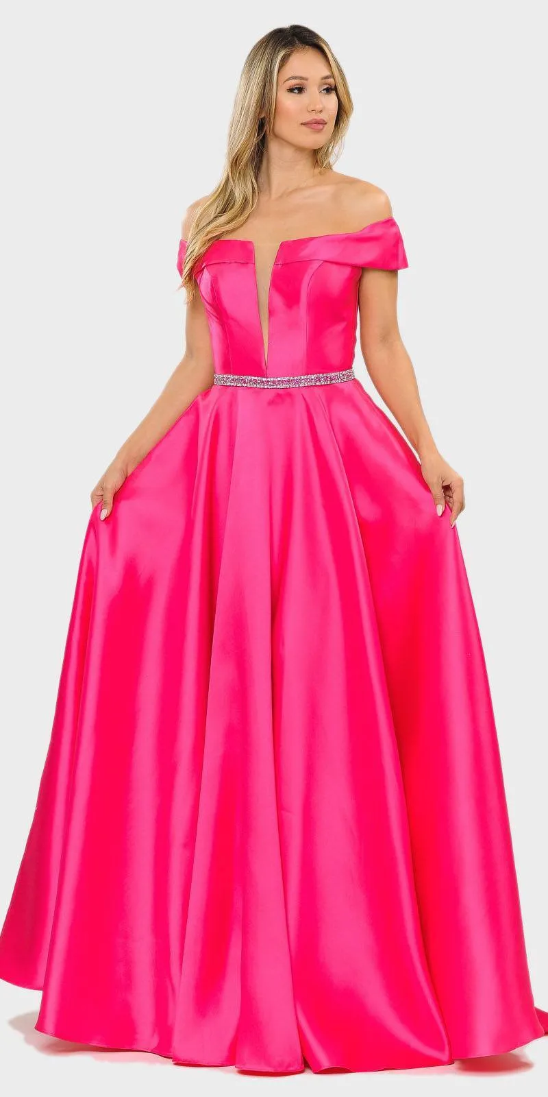 Poly USA 8680 Off-Shoulder A-Line Long Dress with Pockets